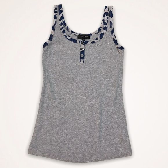 BEBE Silk Trim Heathered Gray Rhinestone Logo Tank - Picture 1 of 8